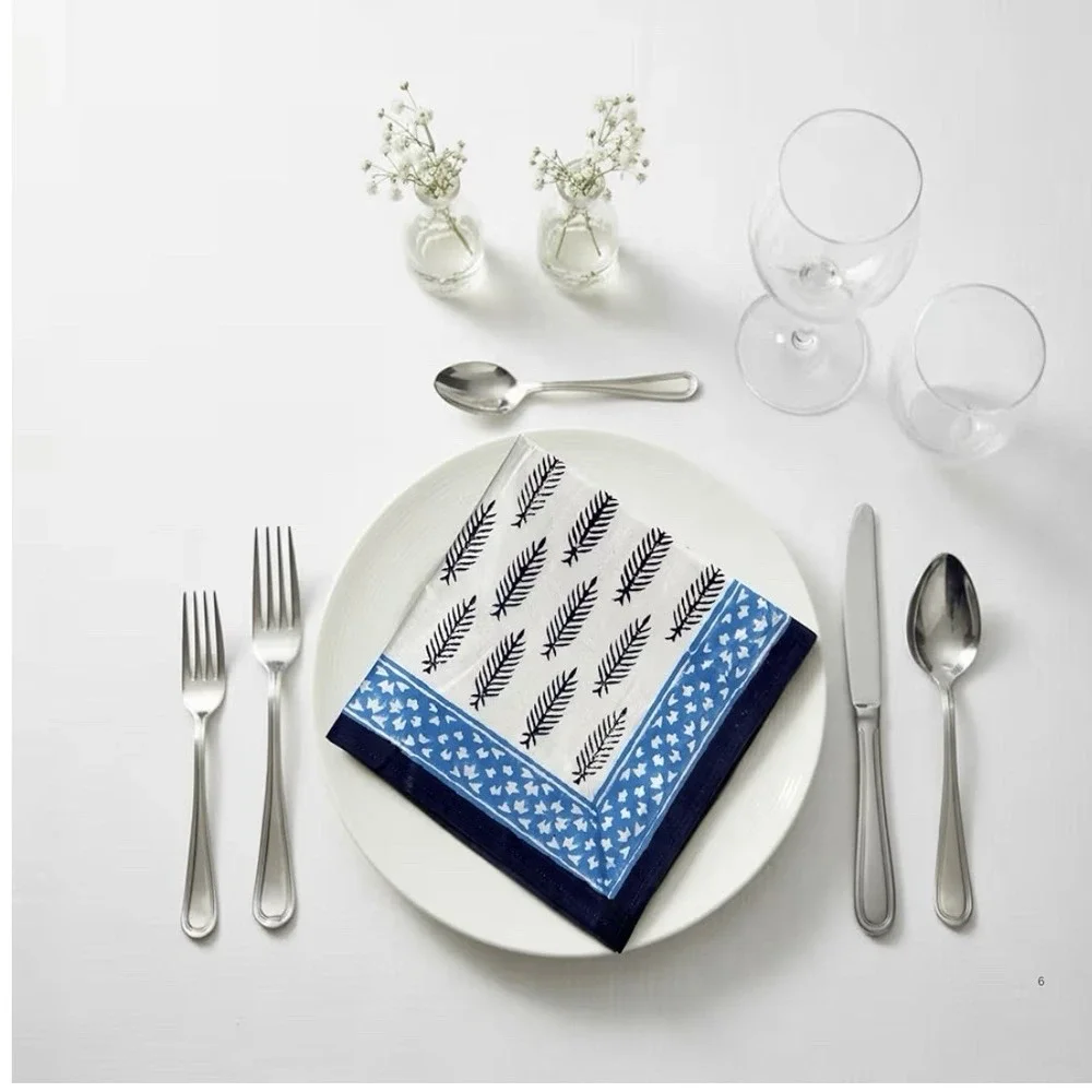 Indian Decor  Hand Block Cloth Napkins Set Of‎ 6 -Elega Cotton Blue 20x20 
